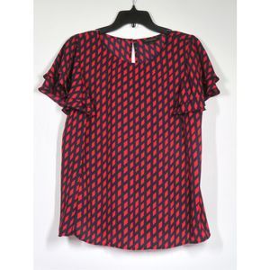 Banana Republic Navy and Red Diamond-Print Flutter Sleeve Blouse
